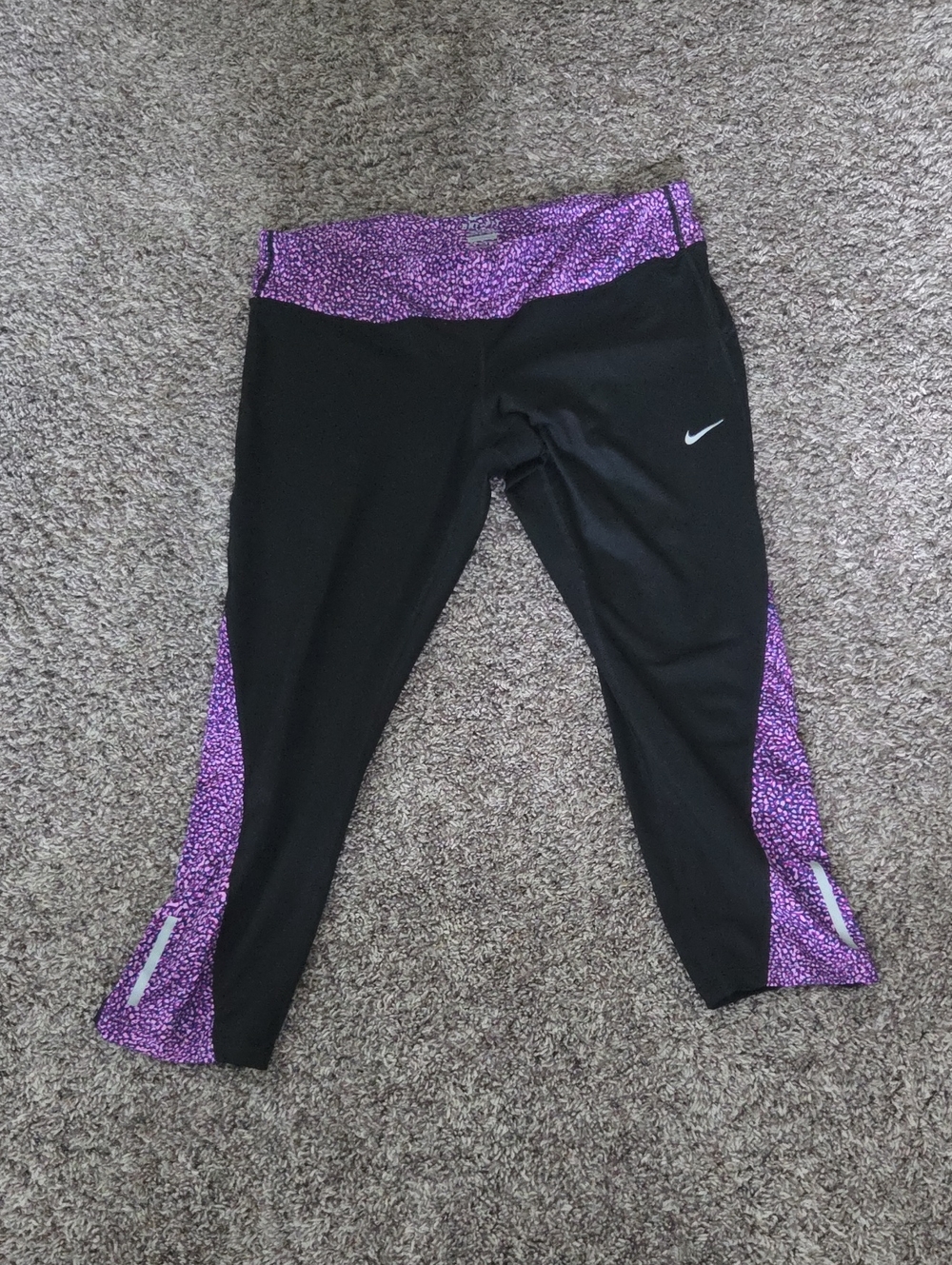 Nike Black Leggings with Purple Print Waistband & Side Panels